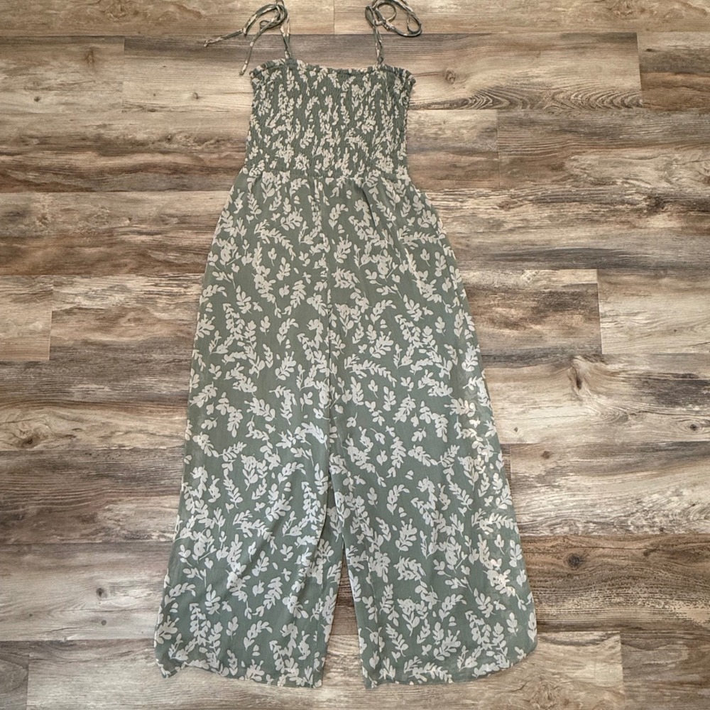 State Floral Wide Leg Jumpsuit Sage Green Smocked Boho Resort Large